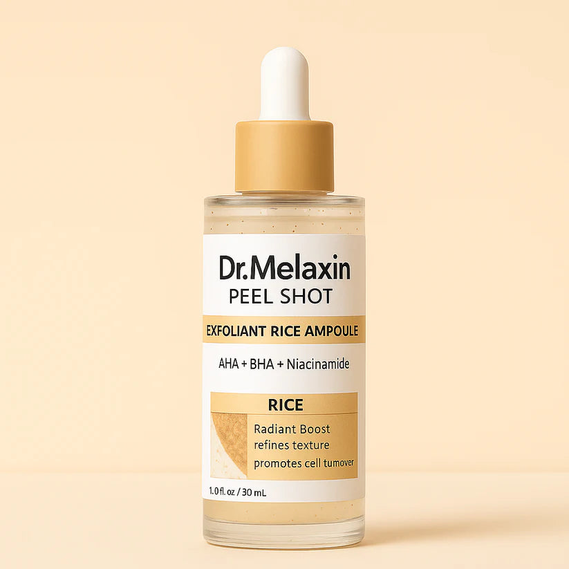Exfoliating Dr Melaxin Rice Glow Serum with AHA BHA PHA for pore cleansing