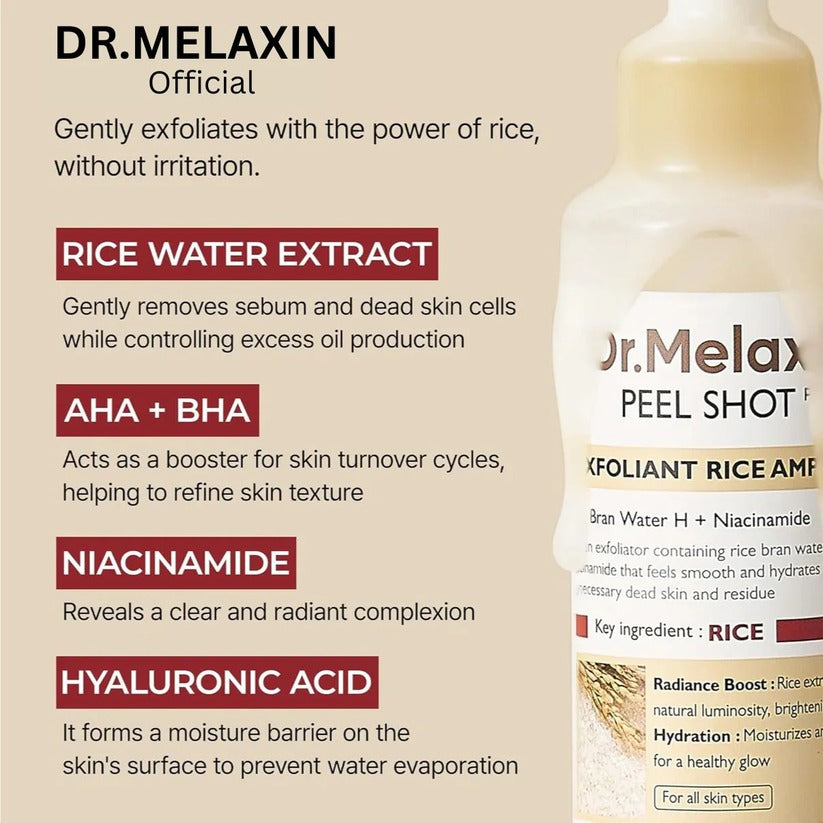 Gentle rice-based serum ampoule by Dr Melaxin for blackheads, acne, and pore refining