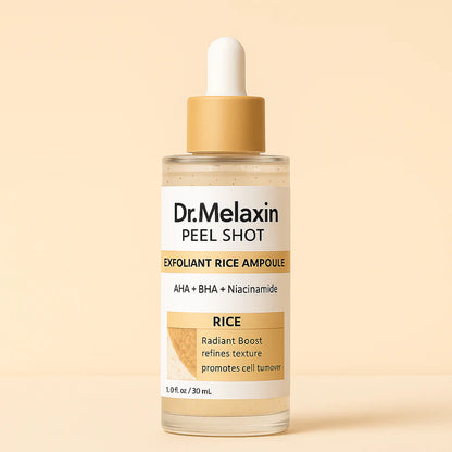 Exfoliating Dr Melaxin Rice Glow Serum with AHA BHA PHA for pore cleansing