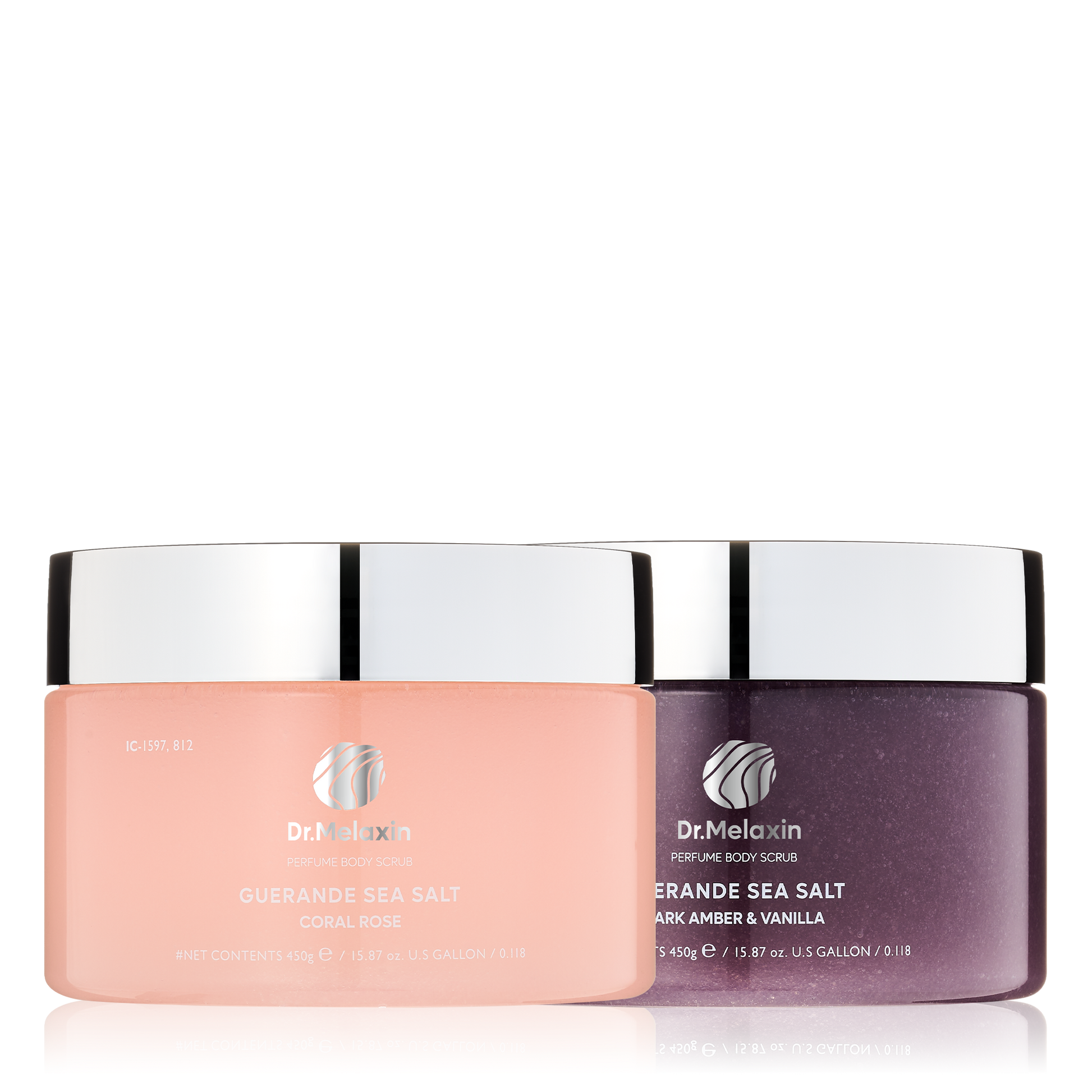 Dr Melaxin Guerande Sea Salt Perfume Body Scrub in Coral Rose and Dark Amber Vanilla, luxury exfoliating body scrub, hydrating sea salt skin treatment, French mineral salt scrub
