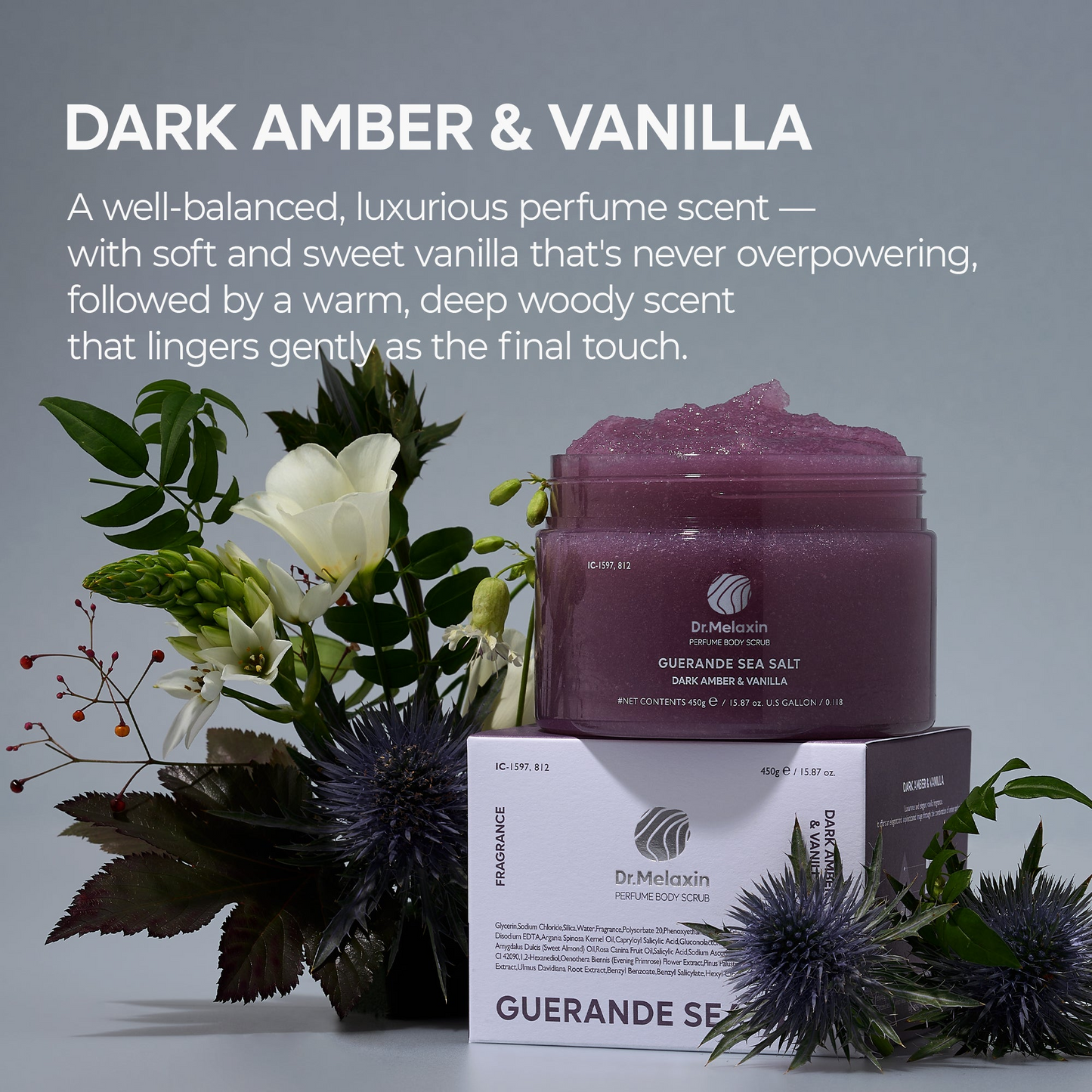 Dr Melaxin Guerande Sea Salt Scrub Coral Rose and Dark Amber Vanilla, long-lasting fragrance, spa-like body scrub, gentle exfoliating scent