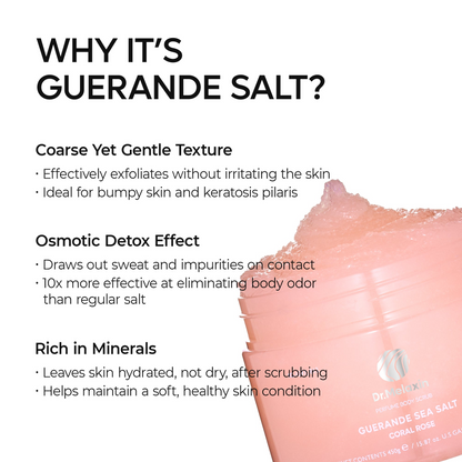 Dr Melaxin Guerande Sea Salt Perfume Body Scrub in Coral Rose and Dark Amber Vanilla, luxury exfoliating body scrub, hydrating sea salt skin treatment, French mineral salt scrub