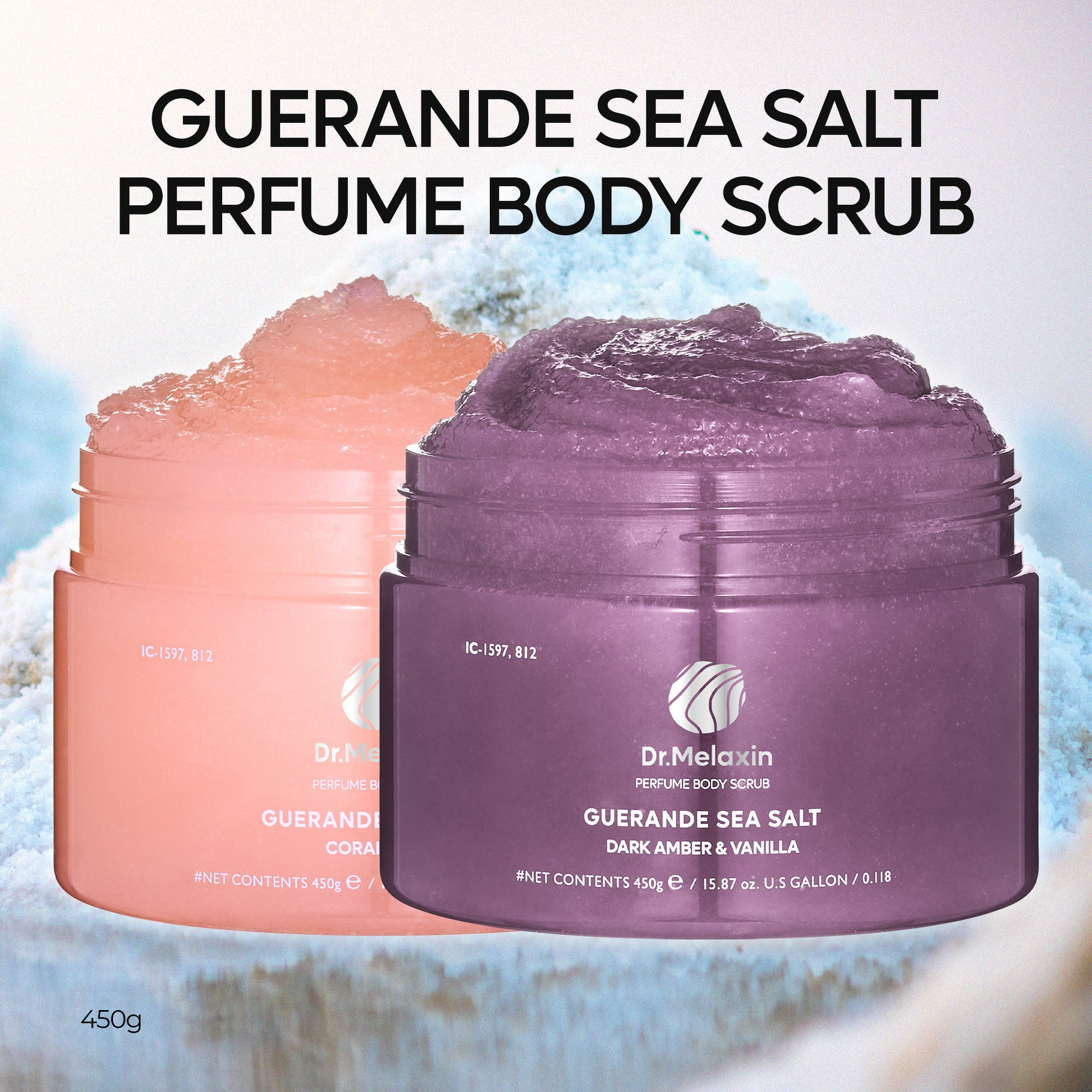 Dr Melaxin Guerande Sea Salt Perfume Body Scrub in Coral Rose and Dark Amber Vanilla, luxury exfoliating body scrub, hydrating sea salt skin treatment, French mineral salt scrub